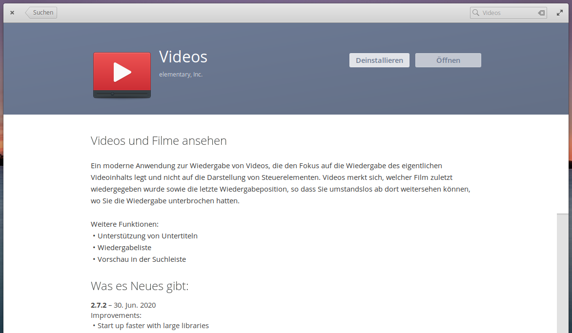 Screenshot des elementary AppCenter mit Eintrag der elementary Videos-App